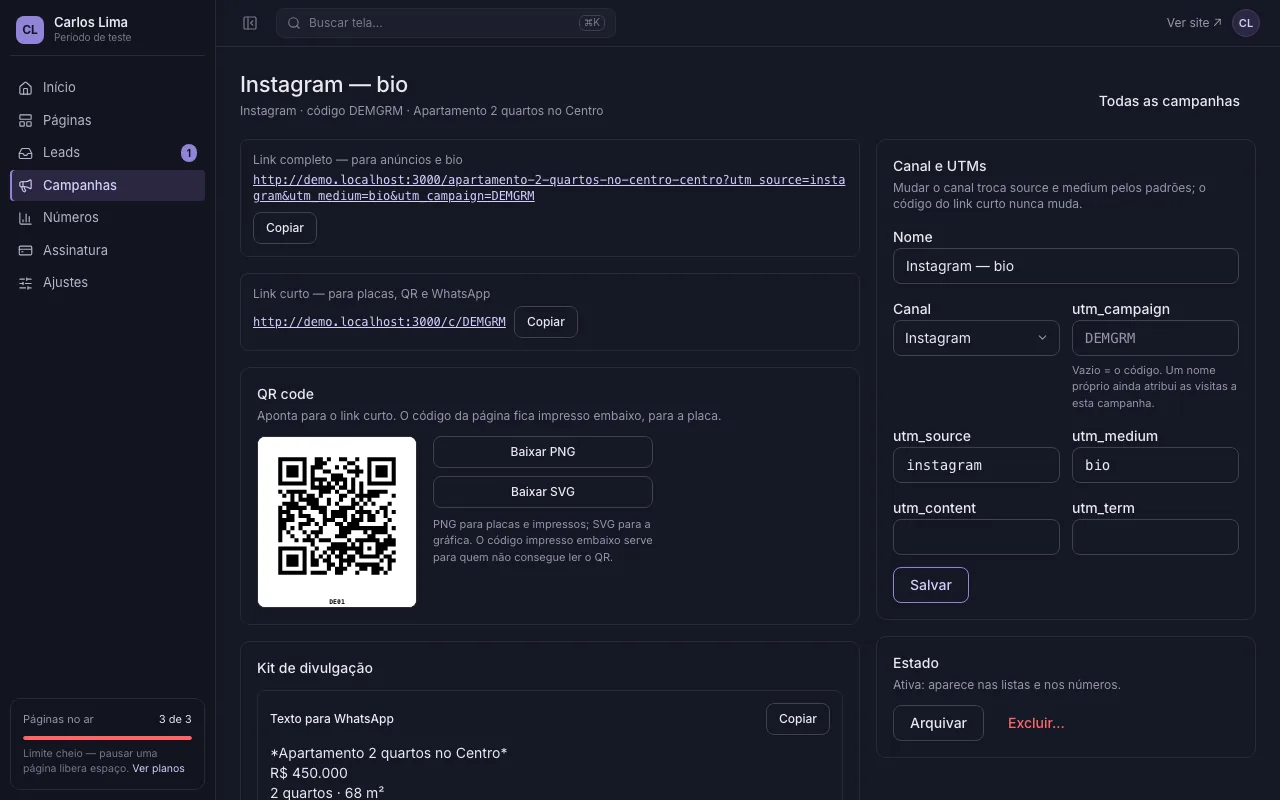 A campanha com o link completo, o link curto, o QR code e o kit de divulgação
